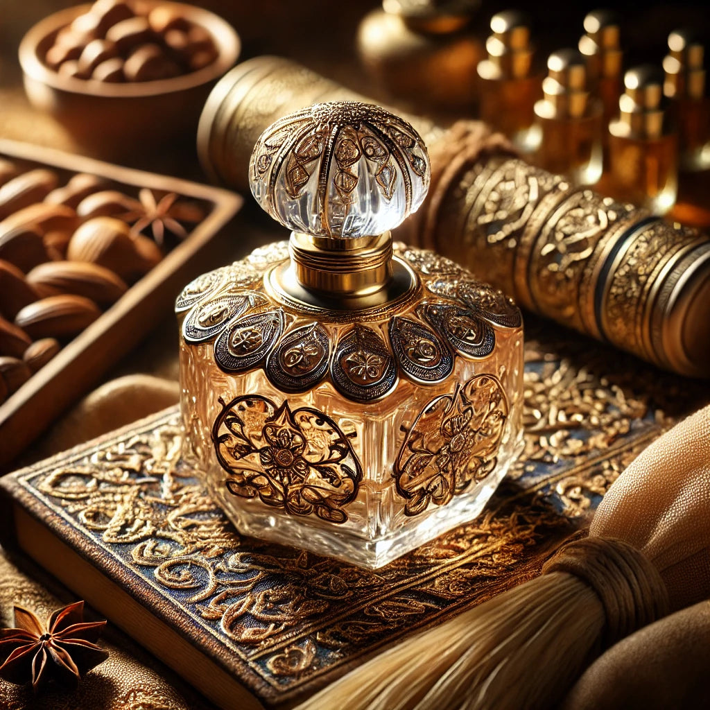 A beautifully detailed traditional Arabian perfume bottle with gold accents, set against a warm-toned background of natural wood and silk, symbolizing luxury and the richness of Arabian perfume craftsmanship.